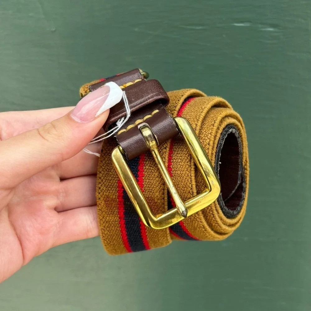 Vintage Mustard Yellow Striped Canvas Belt Leather Tabs Brass Buckle Ivy Preppy